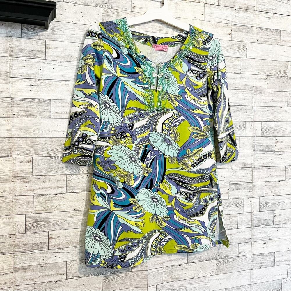 Embellished Tunic Joyous & Free Boho Print Purple Green S - Picture 5 of 9